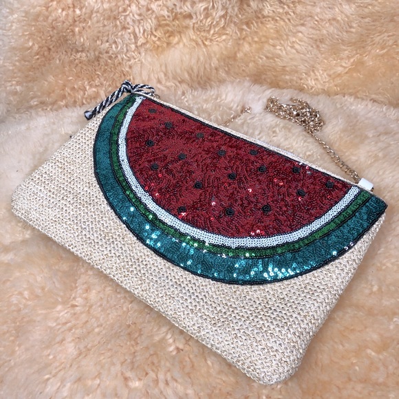 Bam Forever Handbags - Bam Forever Watermelon/Sequins Straw Clutch Purse